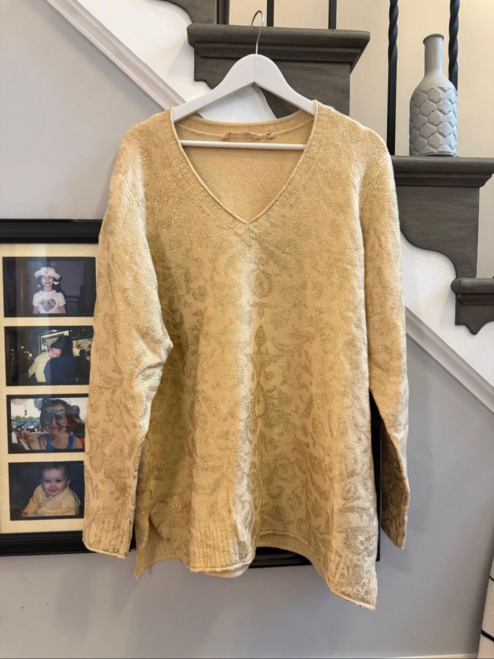 Soft Surroundings Tan & Gold Scroll V-Neck Sweater sz XL EUC